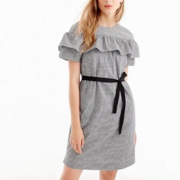 J Crew Edie Cotton Dress In Micro Gingham Black & White Check Ruffle Front. 12 - Picture 1 of 15